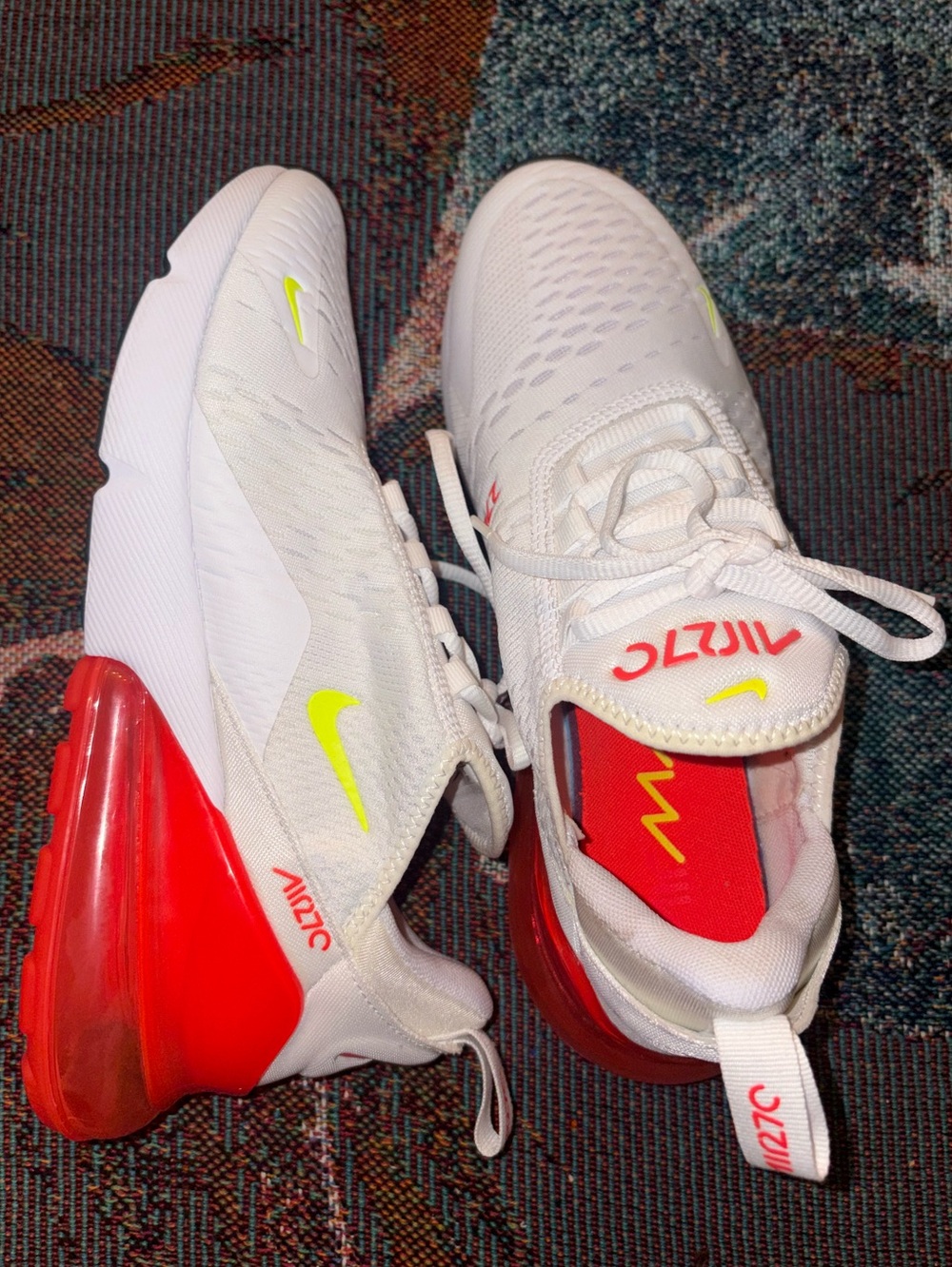Nike Air70 White Sneakers with Orange Coral Heel and Neon Yellow Swoosh Accents